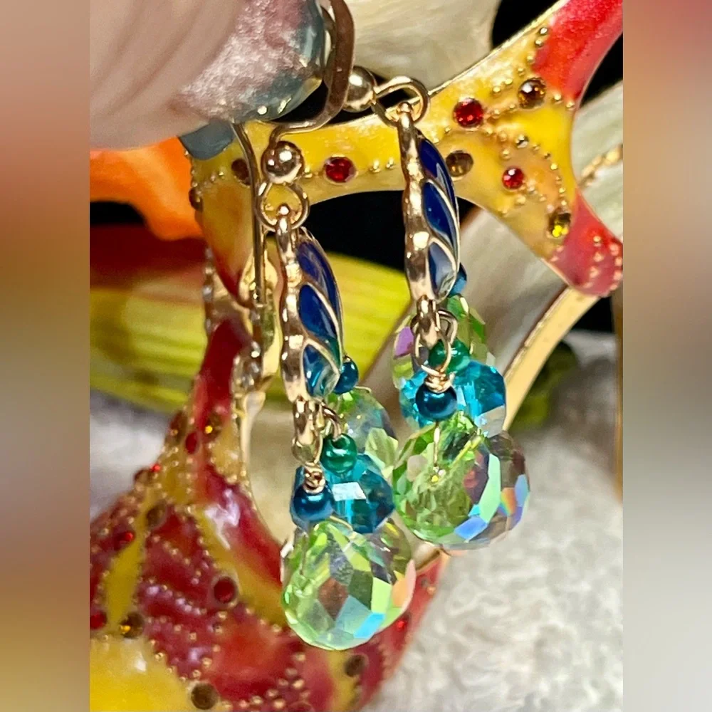 Gold, Green and Blue Shell Dangle Earrings - Picture 3 of 12